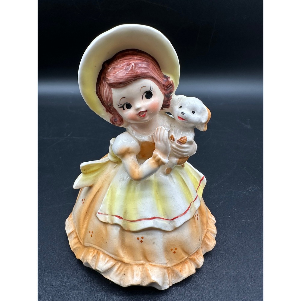 Vintage Girl Ceramic Figurine with Bonnet‎ Bouquet Orange Dress with Ruffle Trim